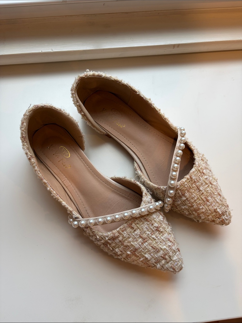 Beige and Light Pink Tweed Flats